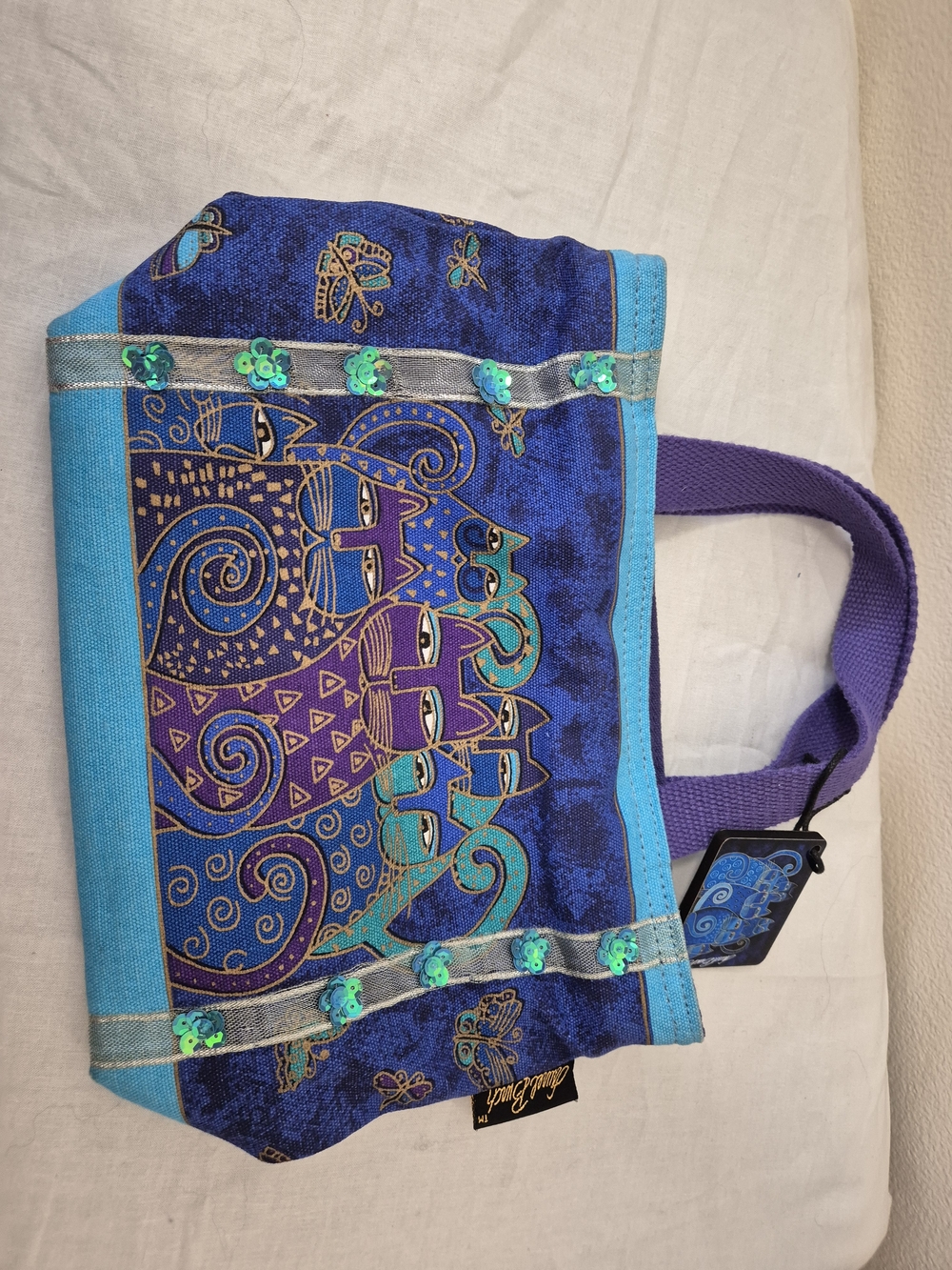 Laurel Burch Indigo Cats Mini Tote Bag Blue Canvas Sequin Purse Handbag